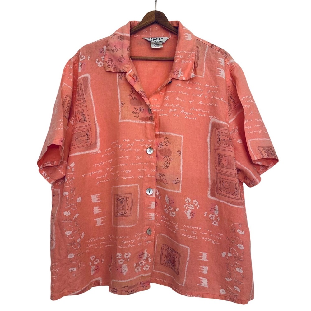 Womans Plus Sz 100% Linen Novelty Print Shirt Pink 1X Art to Wear  Lagenlook Vtg